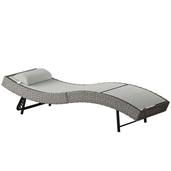 Rattan Sun Lounger, 5 Position Adjustable Garden Lounger Recliner with S Shaped Texteline Seat and Headrest, Reclining Outdoor Sunbed with Metal Frame for Patio, Terrace, Light Grey