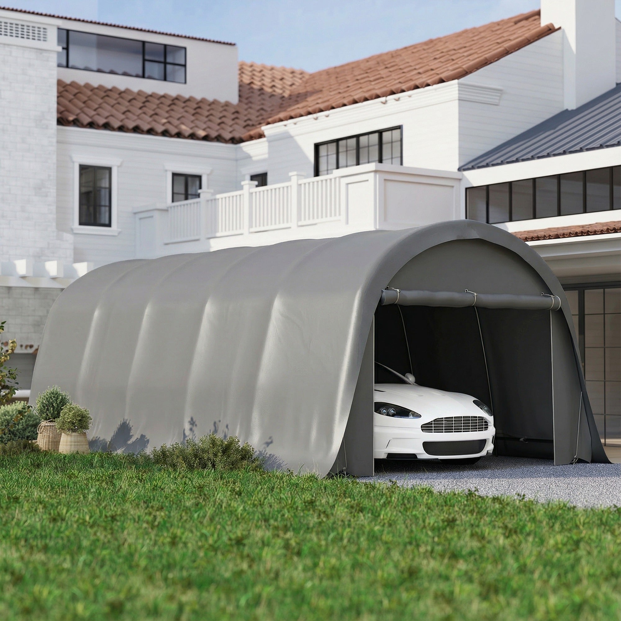 portable car tent garage Outsunny 12' x 23.6' Heavy Duty Carport, UPF50+ Portable Garage Car Canopy Tent with Galvanized Frame, Large Door, Dark Gray