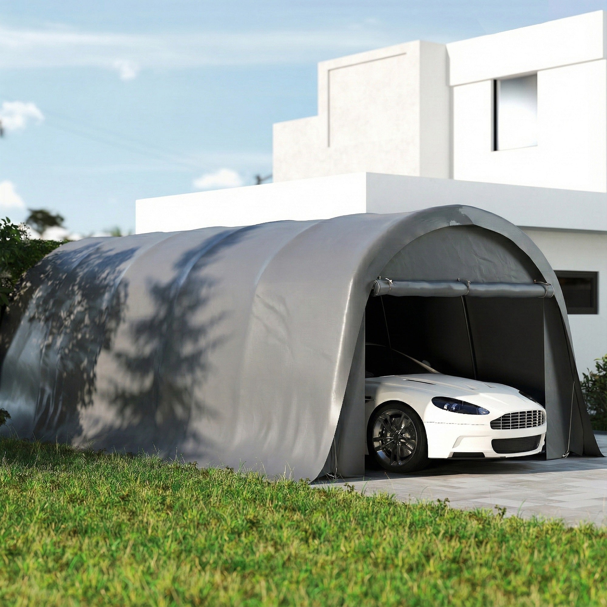 car storage tent Outsunny 12' x 23.6' Heavy Duty Carport, UPF50+ Portable Garage Car Canopy Tent with Galvanized Frame, Large Door, Dark Gray