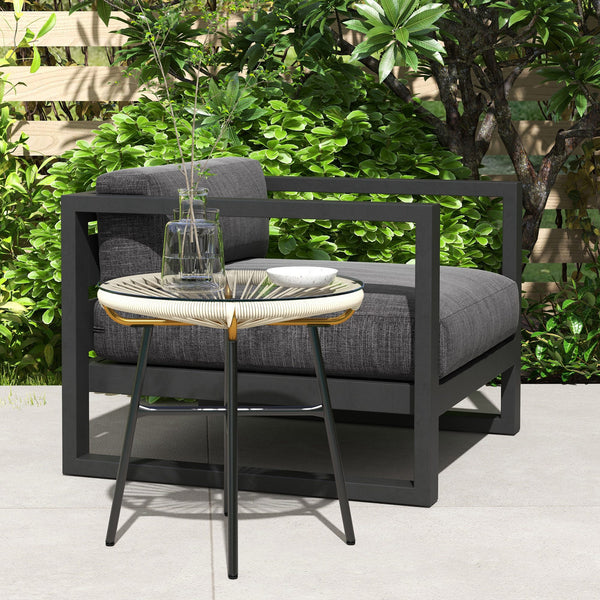 Rattan Side Table, Outdoor Round Coffee Table, with Round PE Rattan and Tempered Glass Tabletop for Patio, Garden, Balcony, Cream White