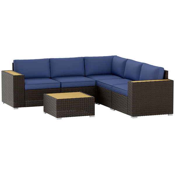 6 Pieces Rattan Patio Furniture Set, 5 Seater Sectional Outdoor Furniture with Wicker Corner Sofa and Wood-Plastic Coffee Table for Deck, Porch, Garden, Navy Blue