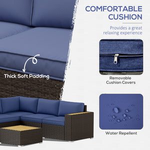 6 Pieces Rattan Patio Furniture Set, 5 Seater Sectional Outdoor Furniture with Wicker Corner Sofa and Wood-Plastic Coffee Table for Deck, Porch, Garden, Navy Blue