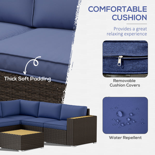 6 Pieces Rattan Patio Furniture Set, 5 Seater Sectional Outdoor Furniture with Wicker Corner Sofa and Wood-Plastic Coffee Table for Deck, Porch, Garden, Navy Blue