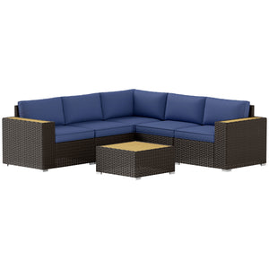 6 Pieces Rattan Patio Furniture Set, 5 Seater Sectional Outdoor Furniture with Wicker Corner Sofa and Wood-Plastic Coffee Table for Deck, Porch, Garden, Navy Blue