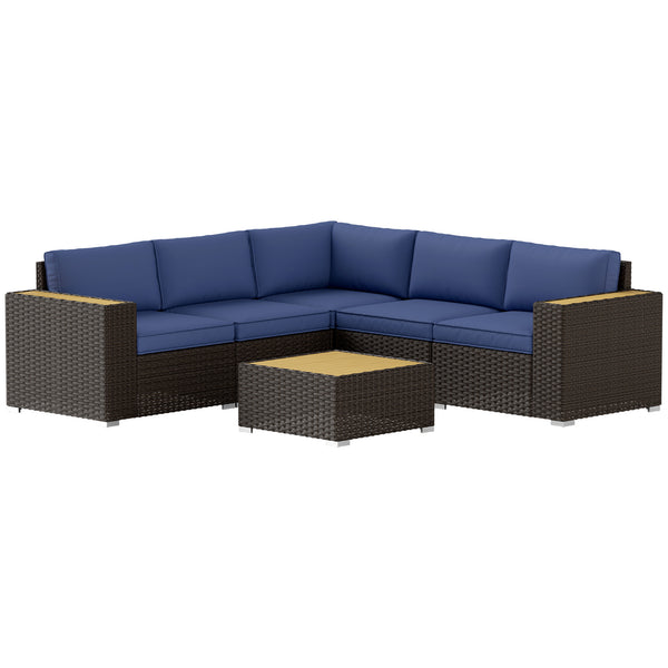 6 Pieces Rattan Patio Furniture Set, 5 Seater Sectional Outdoor Furniture with Wicker Corner Sofa and Wood-Plastic Coffee Table for Deck, Porch, Garden, Navy Blue
