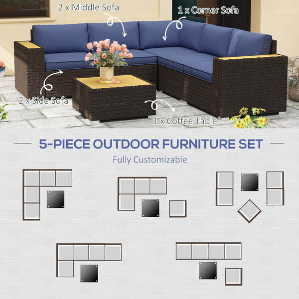 6 Pieces Rattan Patio Furniture Set, 5 Seater Sectional Outdoor Furniture with Wicker Corner Sofa and Wood-Plastic Coffee Table for Deck, Porch, Garden, Navy Blue