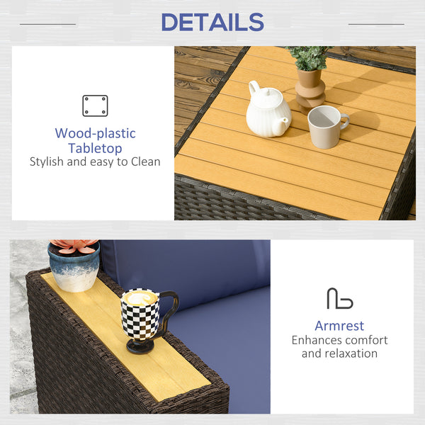 6 Pieces Rattan Patio Furniture Set, 5 Seater Sectional Outdoor Furniture with Wicker Corner Sofa and Wood-Plastic Coffee Table for Deck, Porch, Garden, Navy Blue