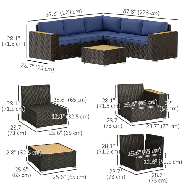 6 Pieces Rattan Patio Furniture Set, 5 Seater Sectional Outdoor Furniture with Wicker Corner Sofa and Wood-Plastic Coffee Table for Deck, Porch, Garden, Navy Blue