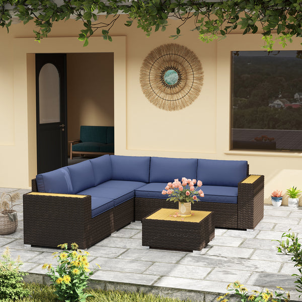 6 Pieces Rattan Patio Furniture Set, 5 Seater Sectional Outdoor Furniture with Wicker Corner Sofa and Wood-Plastic Coffee Table for Deck, Porch, Garden, Navy Blue