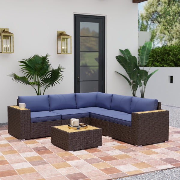 6 Pieces Rattan Patio Furniture Set, 5 Seater Sectional Outdoor Furniture with Wicker Corner Sofa and Wood-Plastic Coffee Table for Deck, Porch, Garden, Navy Blue
