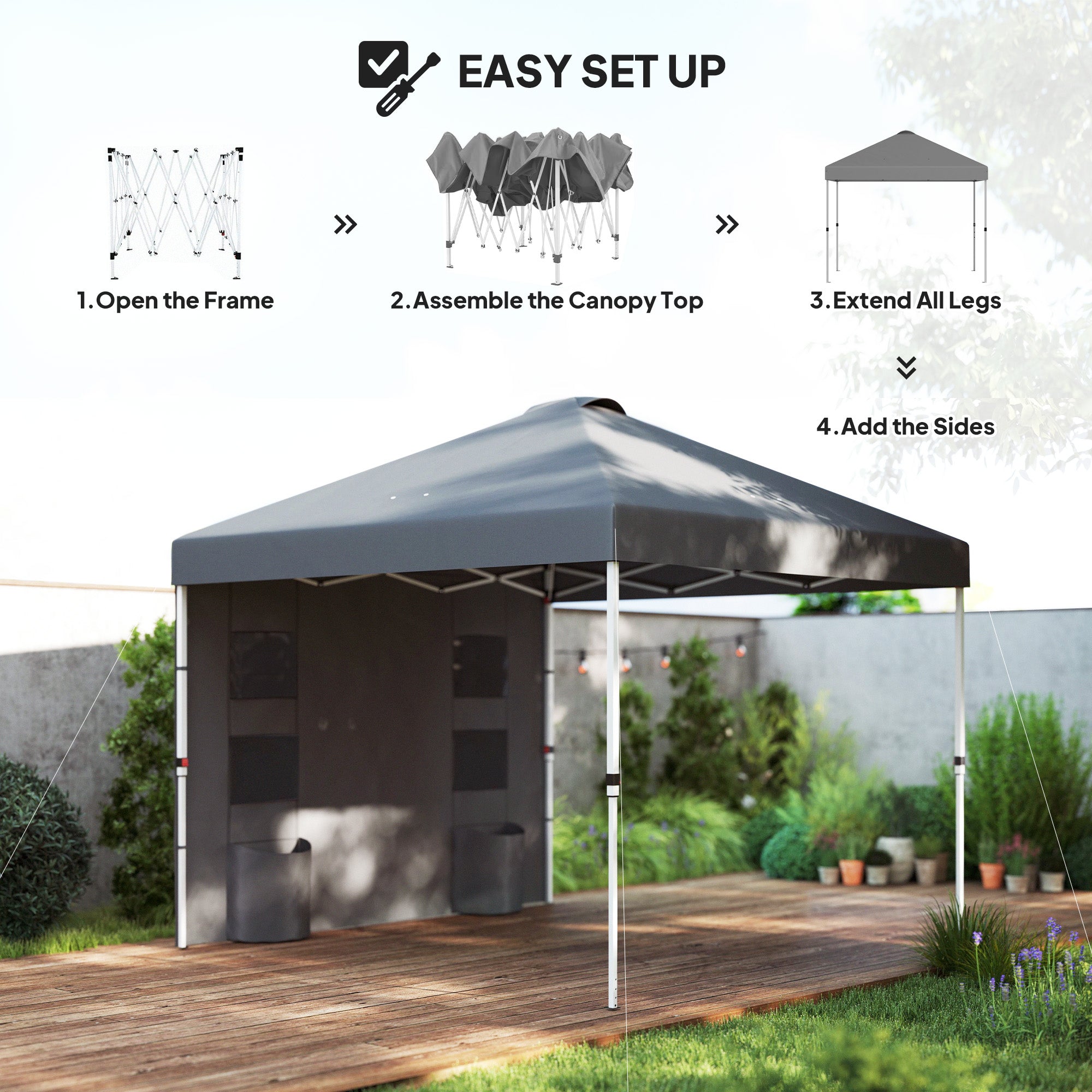 open sided tent Outsunny 10' x 10' Pop Up Canopy Tent w/ Sidewall, Height Adjustable Instant Sun Shelter w/ Storage Pockets, Dark Gray