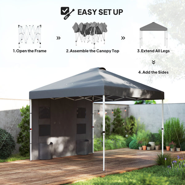 Outsunny 10' x 10' Pop Up Canopy Tent with Sidewall, Instant Sun Shelter with Storage Pockets, Vented Roof for Parties, Height Adjustable, with Carry Bag, Sand Bags for Outdoor, Patio, Dark Gray