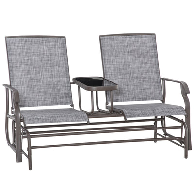 Outdoor Glider Bench with Table, Patio Loveseat for 2 Persons, Garden Glider Rocking Chair with Breathable Mesh Fabric, Grey