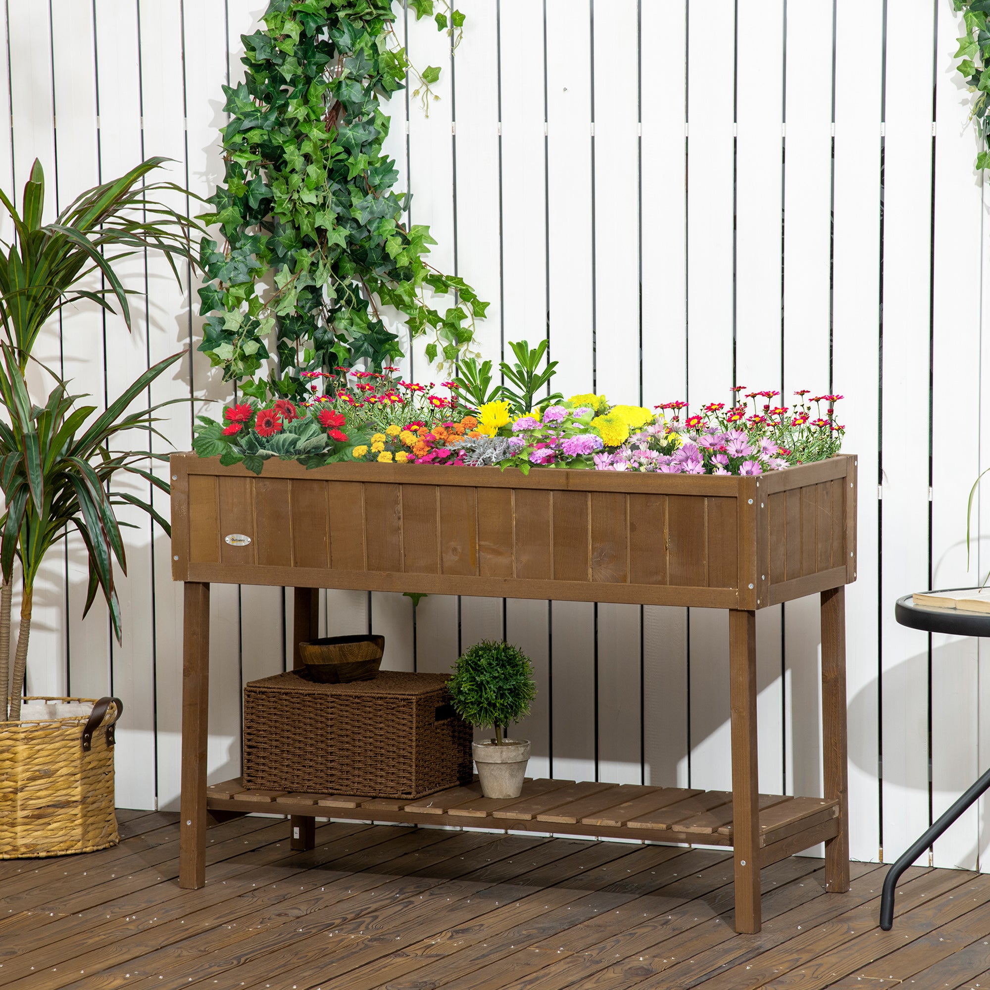 Outsunny Wooden Raised Bed with Storage Shelf & 8 Pockets, 43