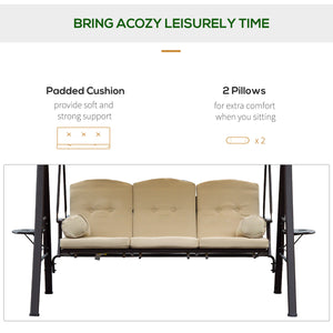 3 Seater Canopy Swing Chair, Outdoor Garden Swing Seat with Adjustable Canopy, Cushions and Cup Trays, Steel Frame, Beige