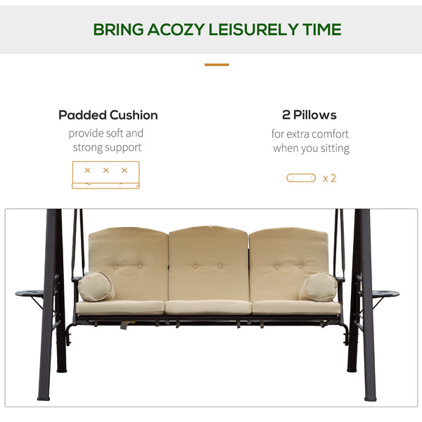 3 Seater Canopy Swing Chair, Outdoor Garden Swing Seat with Adjustable Canopy, Cushions and Cup Trays, Steel Frame, Beige