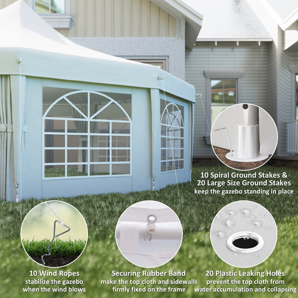 10 Sides Decagonal Garden Gazebo Marquee Party Tent Wedding Canopy Outdoor Heavy Duty Metal Frame (8.9m x 6.5m) - White