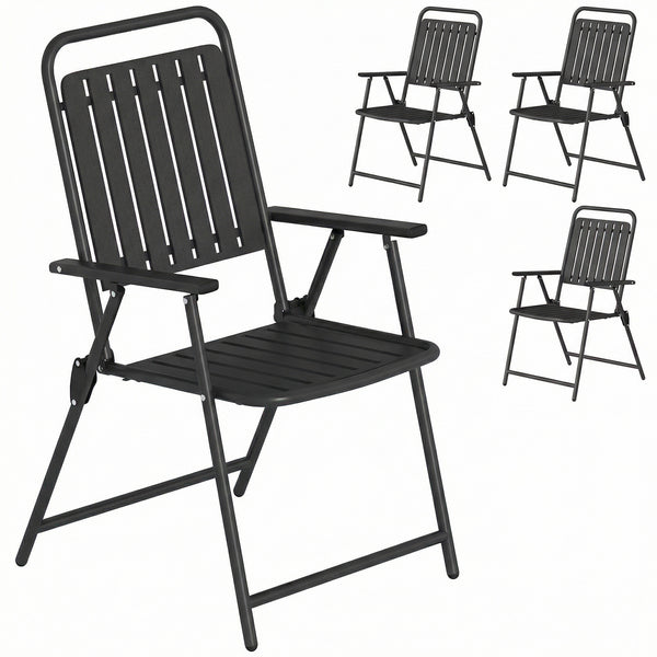 Folding Garden Chairs Set of 4, Garden Dining Chairs with Plastic Slatted Seat and Back, Portable Folding Chair Set with Armrests and Steel Frame for Outdoor, Patio, Balcony, Terrace, Black