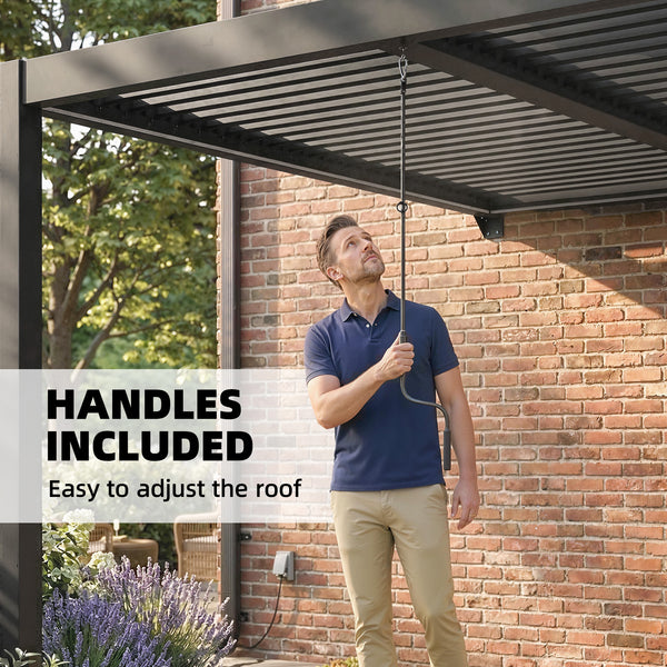 3 x 3 m Louvered Pergola with LED Lights, Adjustable Metal Louvred Roof, Wall Mounted Patio Gazebo Pergola Canopy with Aluminium Frame, Drainage Gutters for Garden Outdoor, Dark Grey