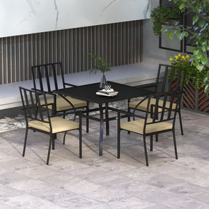 5 Pieces Garden Dining Set with Cushions, Outdoor Patio Table and 4 Stackable Chairs, Metal Top Table with Umbrella Hole, Black
