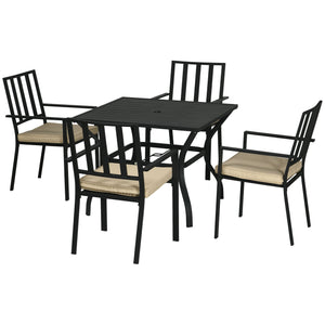 5 Pieces Garden Dining Set with Cushions, Outdoor Patio Table and 4 Stackable Chairs, Metal Top Table with Umbrella Hole, Black