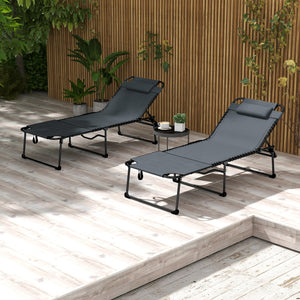 2 Piece Folding Chaise Lounge with 5-level Reclining Back, Tanning Chair with Face Hole, Outdoor Lounge Chair with Side Pocket & Headrest for Beach, Yard, Patio, Gray