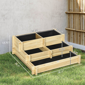 3-Tier Raised Garden Bed with 5 Compartments and Bed Liner, Fir Wood Elevated Planter Box, for Vegetables, Herbs, Outdoor Plants, 37 x 37 x 14in, Natural