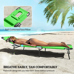 2PCS Adjustable Outdoor Lounge Chair, Garden Folding Chaise Lounge with Face Hole Reclining Tanning Chair Seat, Folding Camping Beach Lounging Bed w/ Head Support, Green
