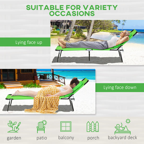 2PCS Adjustable Outdoor Lounge Chair, Garden Folding Chaise Lounge with Face Hole Reclining Tanning Chair Seat, Folding Camping Beach Lounging Bed w/ Head Support, Green