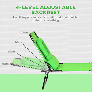 2PCS Adjustable Outdoor Lounge Chair, Garden Folding Chaise Lounge with Face Hole Reclining Tanning Chair Seat, Folding Camping Beach Lounging Bed w/ Head Support, Green