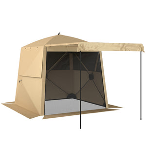 2 x 2 m Pop Up Gazebo with Awning, Waterproof Instant Shelter for Garden BBQ, Fishing, Camping, Easy Setup Garden Gazebo with Sides, Mesh Windows & Carry Bag, Khaki