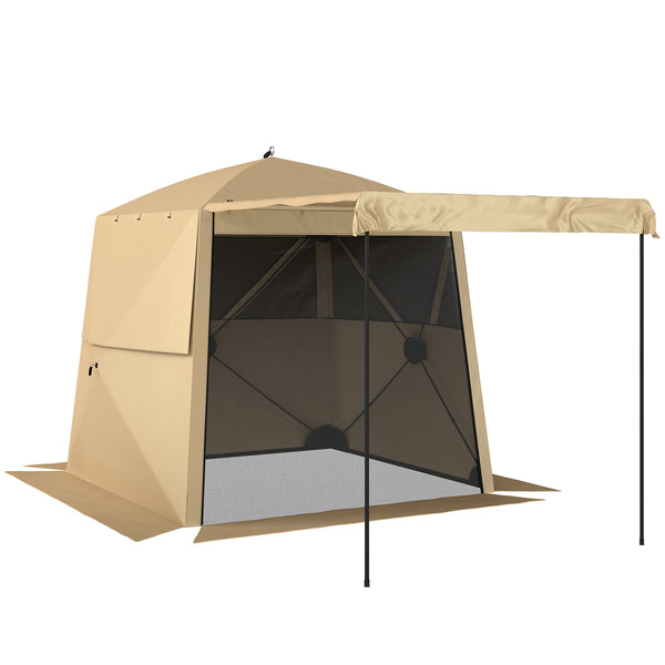 2 x 2 m Pop Up Gazebo with Awning, Waterproof Instant Shelter for Garden BBQ, Fishing, Camping, Easy Setup Garden Gazebo with Sides, Mesh Windows & Carry Bag, Khaki