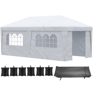 Outsunny 10' x 19.5' Pop Up Canopy Tent with Sidewalls, UPF 30+ Height Adjustable Large Party Tent Event Shelter with Leg Weight Bags and Wheeled Carry Bag for Garden, Patio, White