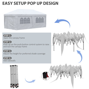 Outsunny 10' x 19.5' Pop Up Canopy Tent with Sidewalls, UPF 30+ Height Adjustable Large Party Tent Event Shelter with Leg Weight Bags and Wheeled Carry Bag for Garden, Patio, White