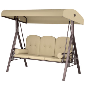 3 Seater Canopy Swing Chair, Outdoor Garden Swing Seat with Adjustable Canopy, Cushions and Cup Trays, Steel Frame, Brown