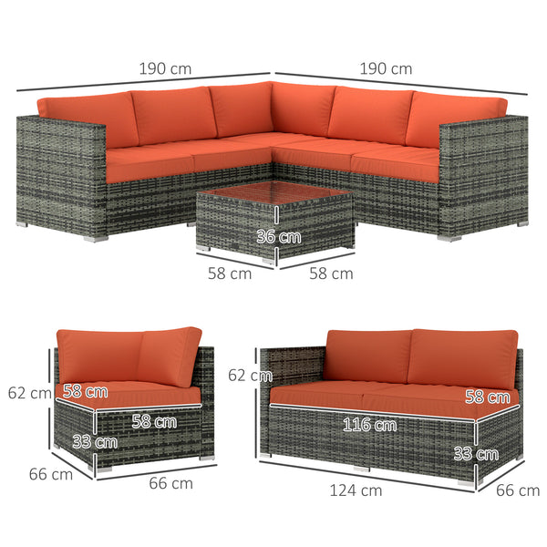 4 Pieces Rattan Garden Furniture Set, Wicker Outdoor Furniture Set with Corner Sofa Loveseat Coffee Table Cushions, Conservatory Furniture Set for Patio Balcony Poolside, Orange