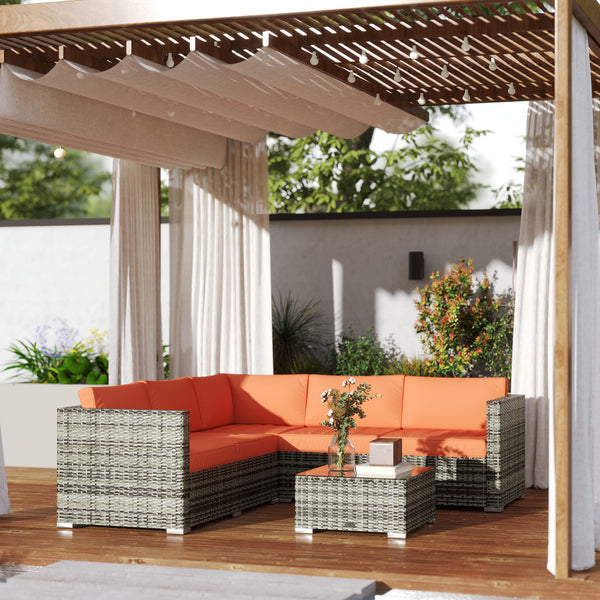 4 Pieces Rattan Garden Furniture Set, Wicker Outdoor Furniture Set with Corner Sofa Loveseat Coffee Table Cushions, Conservatory Furniture Set for Patio Balcony Poolside, Orange