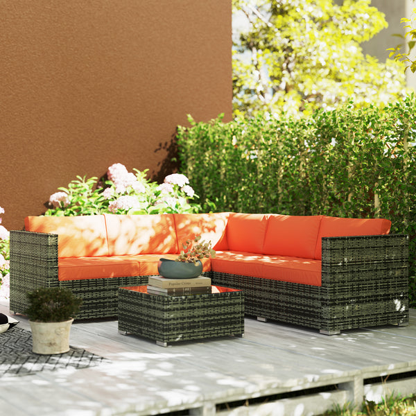 4 Pieces Rattan Garden Furniture Set, Wicker Outdoor Furniture Set with Corner Sofa Loveseat Coffee Table Cushions, Conservatory Furniture Set for Patio Balcony Poolside, Orange