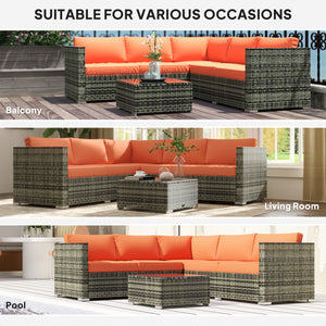 4 Pieces Rattan Garden Furniture Set, Wicker Outdoor Furniture Set with Corner Sofa Loveseat Coffee Table Cushions, Conservatory Furniture Set for Patio Balcony Poolside, Orange