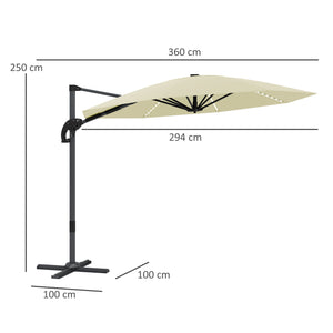 3(m) Cantilever Garden Parasol with Solar Powered Lights, Crank Handle & Cross Base, UPF 50+, 360° Rotation, Overhanging Patio Umbrella for Patio Market, Cream