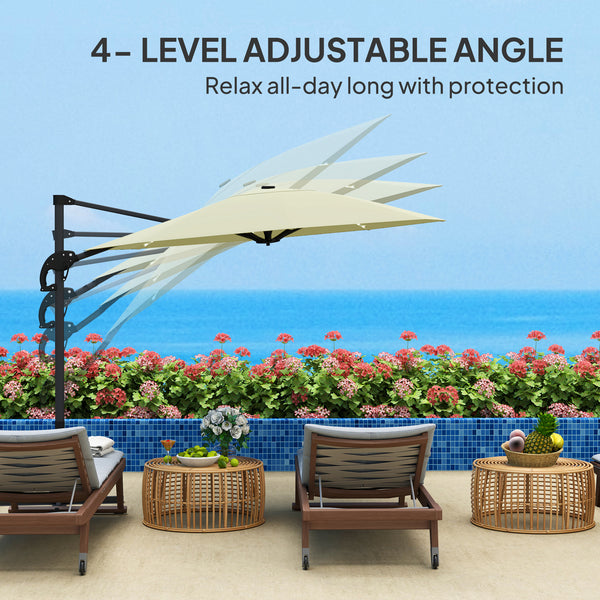 3(m) Cantilever Garden Parasol with Solar Powered Lights, Crank Handle & Cross Base, UPF 50+, 360° Rotation, Overhanging Patio Umbrella for Patio Market, Cream