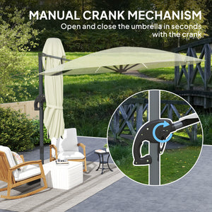 3(m) Cantilever Garden Parasol with Solar Powered Lights, Crank Handle & Cross Base, UPF 50+, 360° Rotation, Overhanging Patio Umbrella for Patio Market, Cream