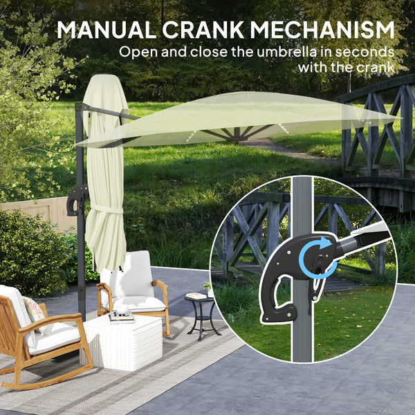 3(m) Cantilever Garden Parasol with Solar Powered Lights, Crank Handle & Cross Base, UPF 50+, 360° Rotation, Overhanging Patio Umbrella for Patio Market, Cream