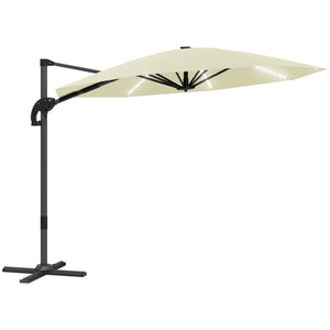 3(m) Cantilever Garden Parasol with Solar Powered Lights, Crank Handle & Cross Base, UPF 50+, 360° Rotation, Overhanging Patio Umbrella for Patio Market, Cream
