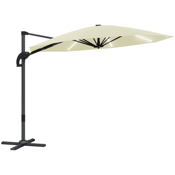 3(m) Cantilever Garden Parasol with Solar Powered Lights, Crank Handle & Cross Base, UPF 50+, 360° Rotation, Overhanging Patio Umbrella for Patio Market, Cream