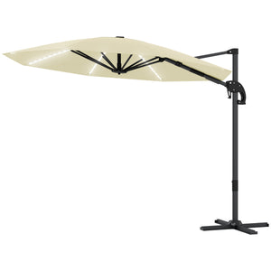 3(m) Cantilever Garden Parasol with Solar Powered Lights, Crank Handle & Cross Base, UPF 50+, 360° Rotation, Overhanging Patio Umbrella for Patio Market, Cream