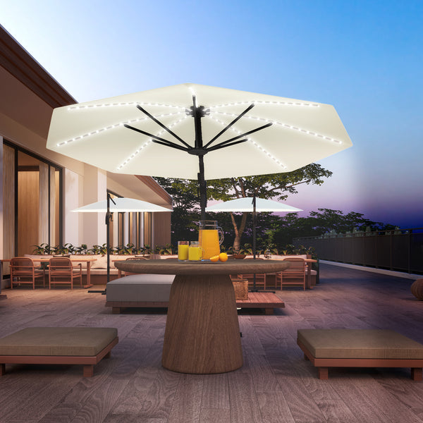 3(m) Cantilever Garden Parasol with Solar Powered Lights, Crank Handle & Cross Base, UPF 50+, 360° Rotation, Overhanging Patio Umbrella for Patio Market, Cream