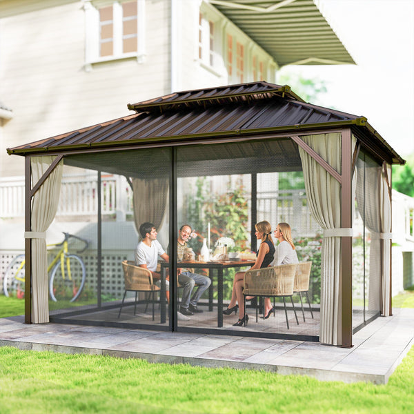 10' x 14' Hardtop Gazebo with UPF50+ Double Galvanized Steel Roof Canopy, Aluminum Frame Permanent Outdoor Gazebo with Curtains and Netting, Ceiling Hooks, Brown
