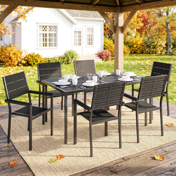 7 Pieces Outdoor Dining Set, Patio Table and Chairs for 6, Garden Dining Furniture Set with Slatted Tabletop and Metal Frame for Balcony, Patio, Backyard, Black