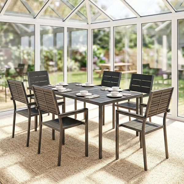 7 Pieces Outdoor Dining Set, Patio Table and Chairs for 6, Garden Dining Furniture Set with Slatted Tabletop and Metal Frame for Balcony, Patio, Backyard, Black